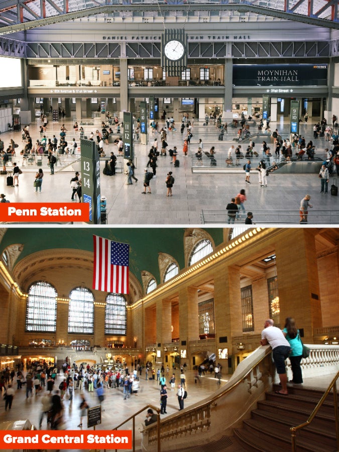 Penn Station&#x27;s Moynihan Train Hall pictured on top of Grand Central Station