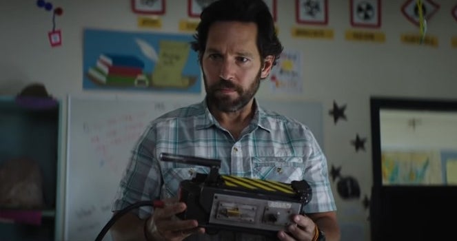 Gary Grobberson holding a ghost trap in his classroom in &quot;Ghostbusters: Afterlife&quot;