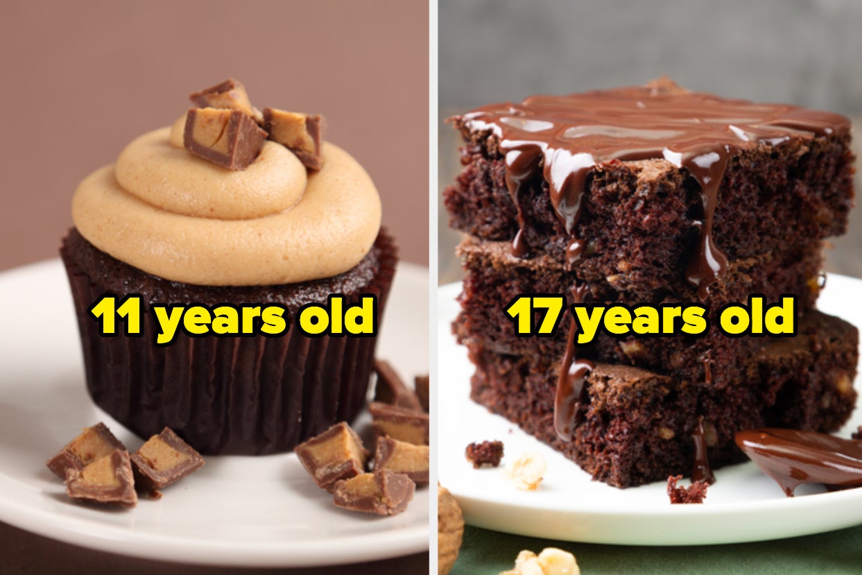Peanut butter cupcake with the words "11 years old" and brownies with the words "17 years old"
