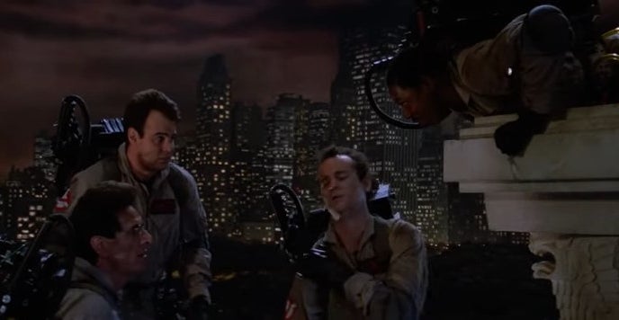 Winston talking to Ray atop a stone platform next to Venkman and Egon in &quot;Ghostbusters&quot;