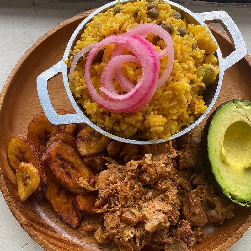 Photo of Jackfruit &quot;Vernil with a side of plantains, avocado, and rice
