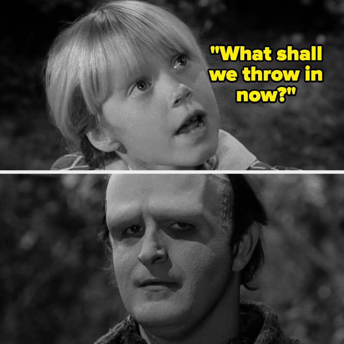 The girl asks "What shall we throw in now?" and the monster looks at the camera