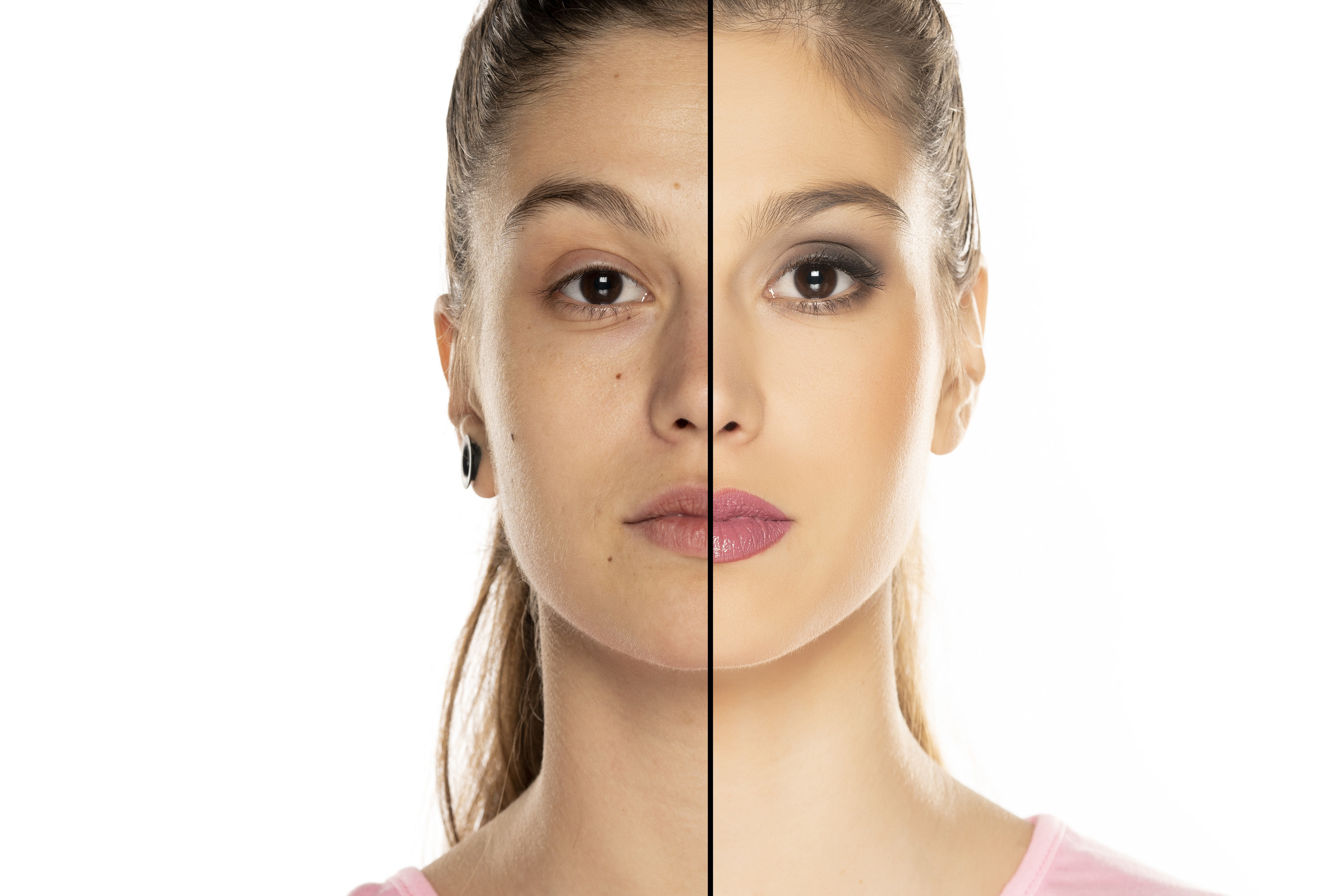 A side-by-side image of a woman&#x27;s face touched up.