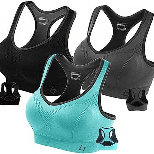 Set of three sports bras in aqua, black, and gray