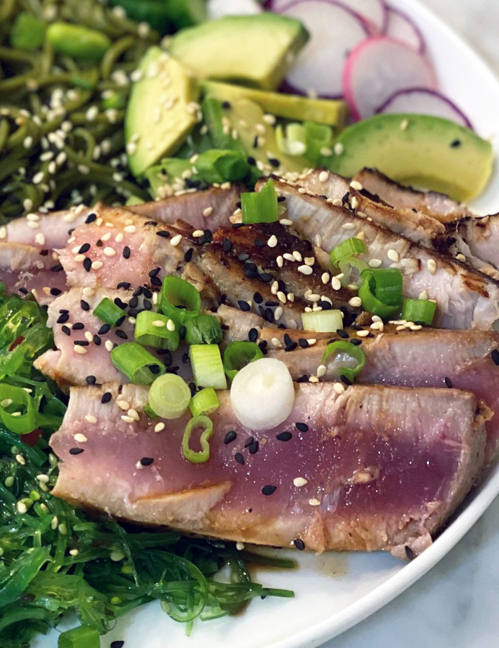 Sliced, seared tuna steak.