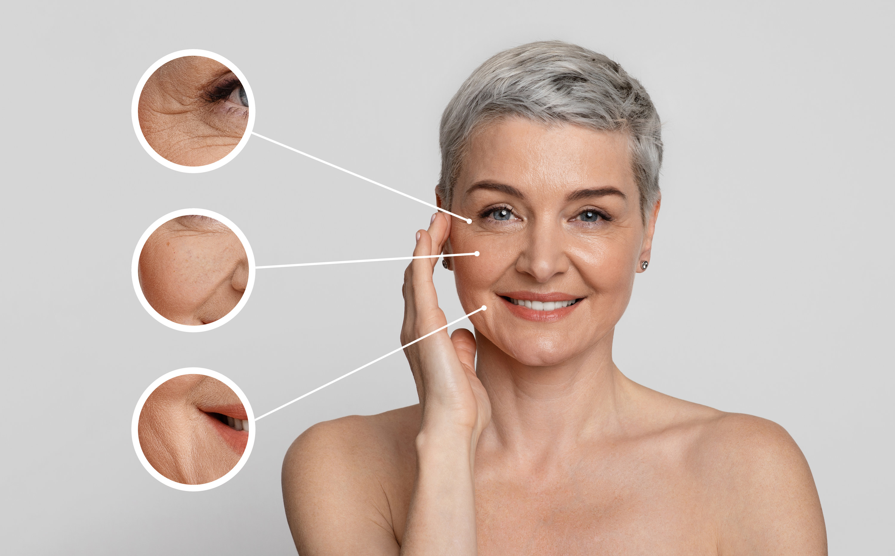 Arrows pointing out a woman&#x27;s aging skin