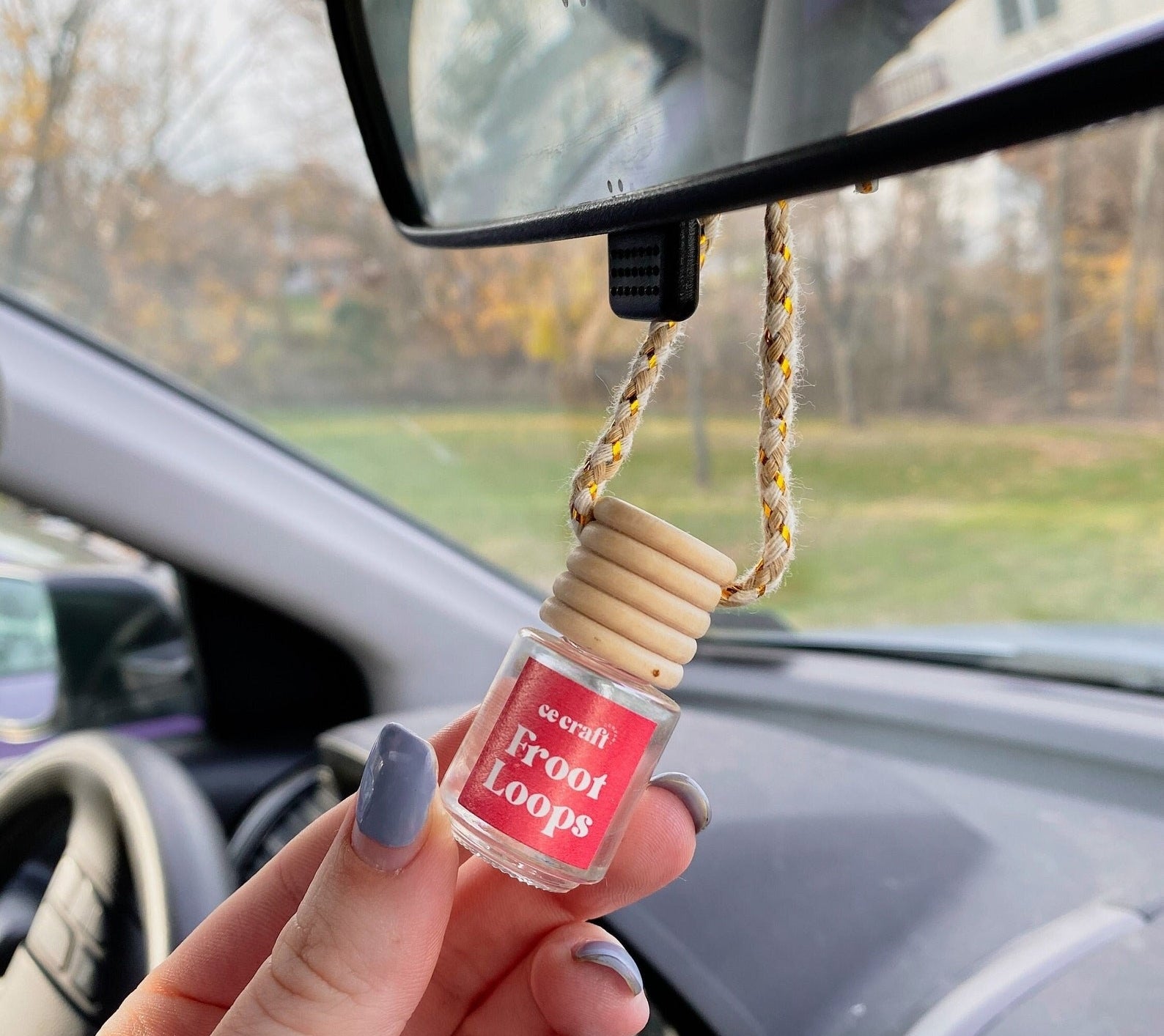 air freshener in a little jar with label &quot;Froot Loops&quot; hanging in car mirror