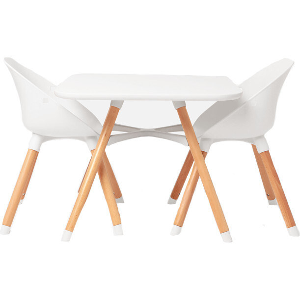 A white and wood table and two chairs