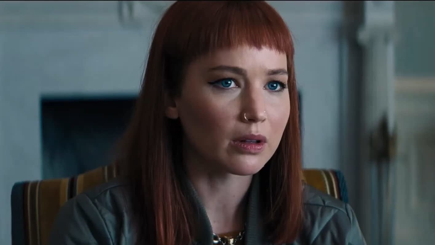 Photo of Jennifer Lawrence with red hair and baby bangs and a nose ring in Don&#x27;t Look Up