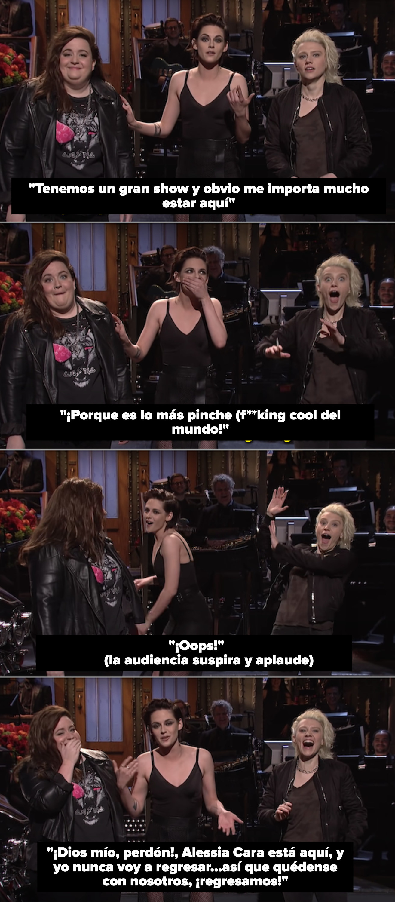 Kristen Stewart on stage during her &quot;SNL&quot; monologue with Kate McKinnon and Aidy Bryant