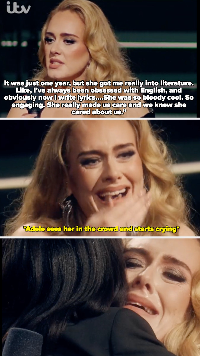 Adele talking about how she got her into literature and how cool she was. Adele seeing her in the crowd and crying, then them hugging