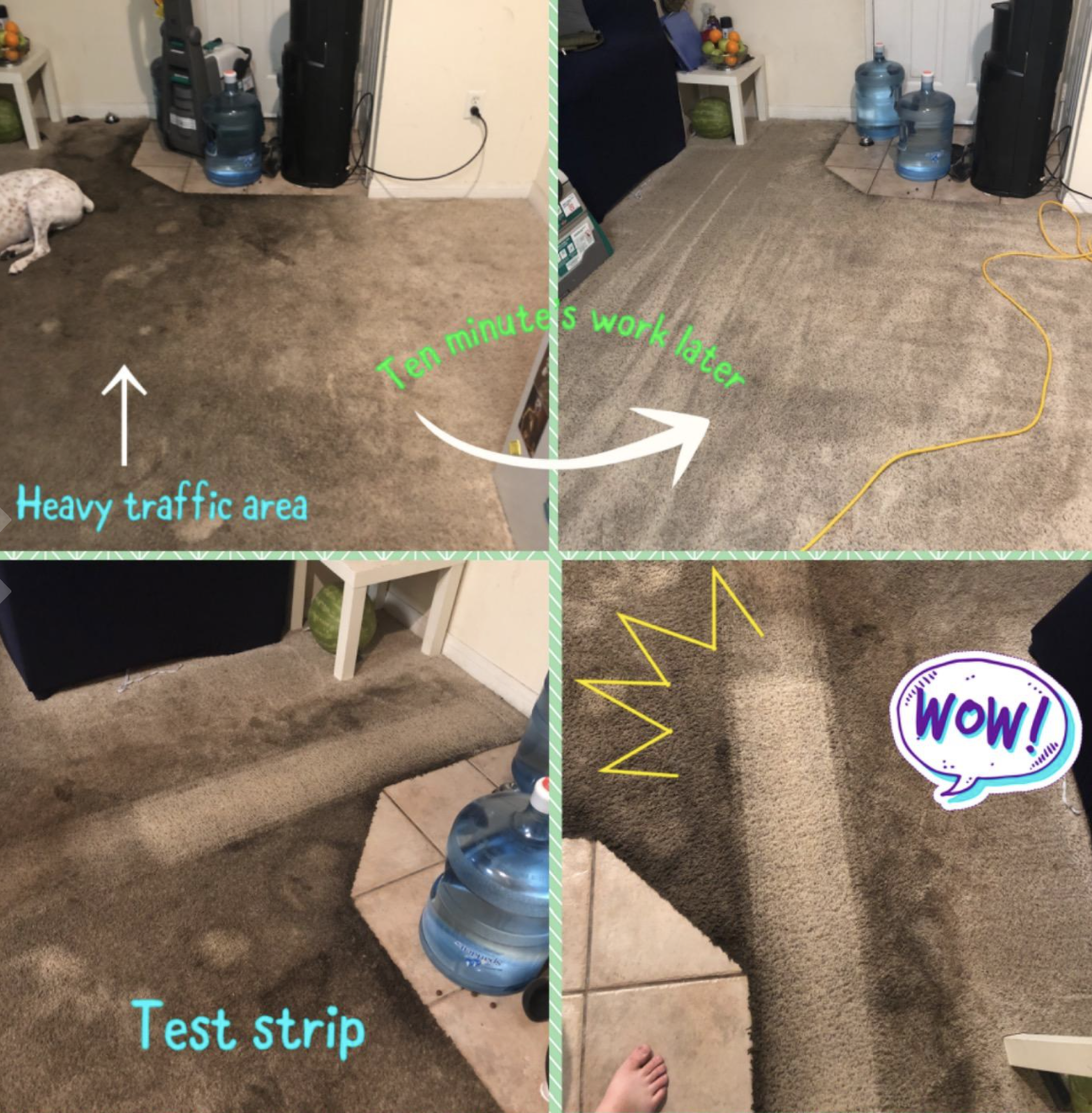 reviewer&#x27;s before and afters of their dirty carpet looking clean after being shampooed