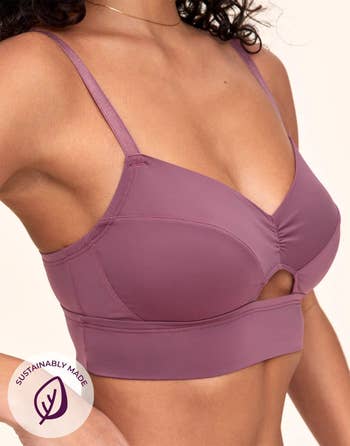 Model wearing purple bra