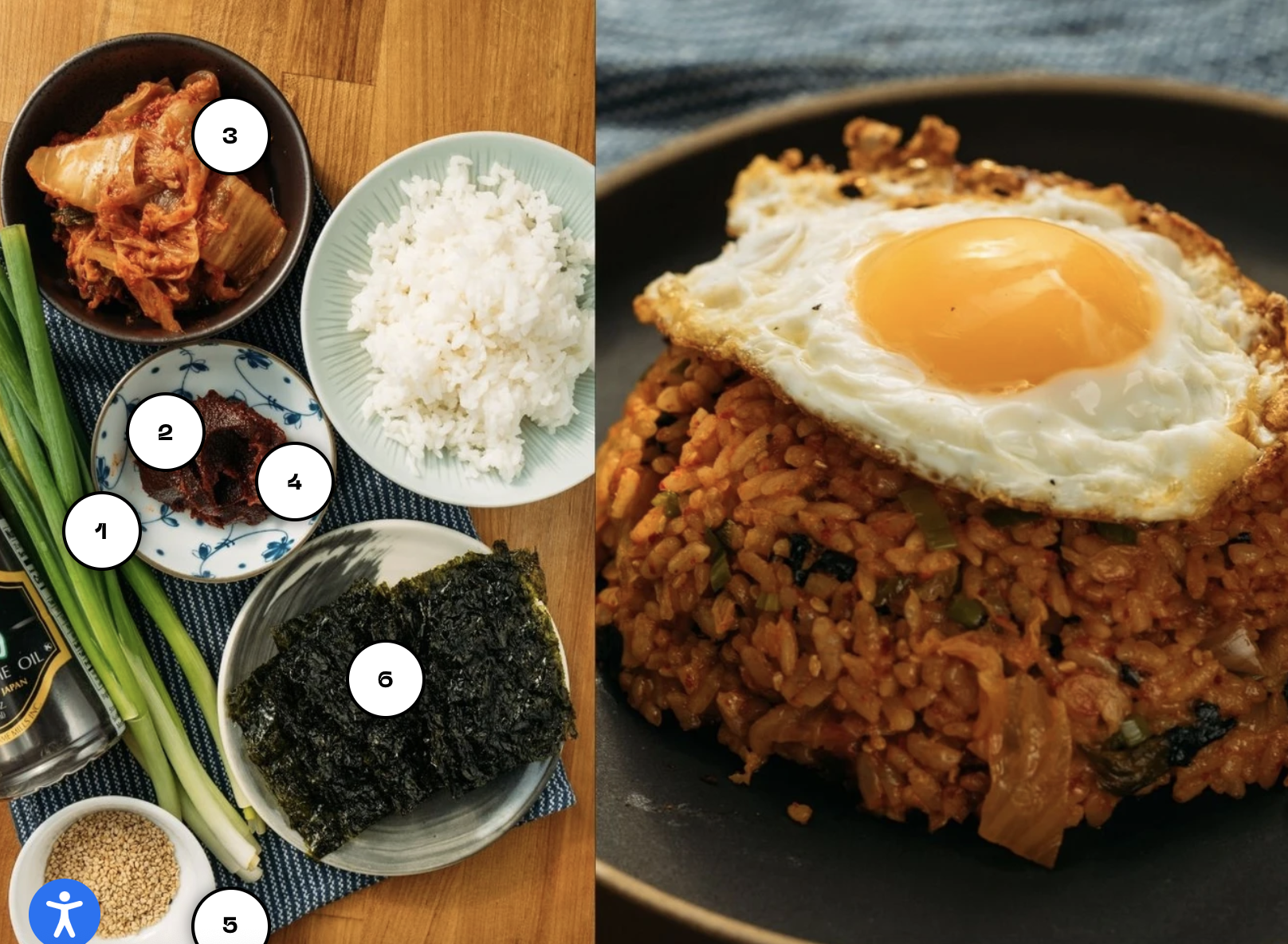 ingredients for the kimchi fried rice and the finished kimchi fried rice