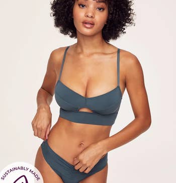 Model wearing gray bra and panty set
