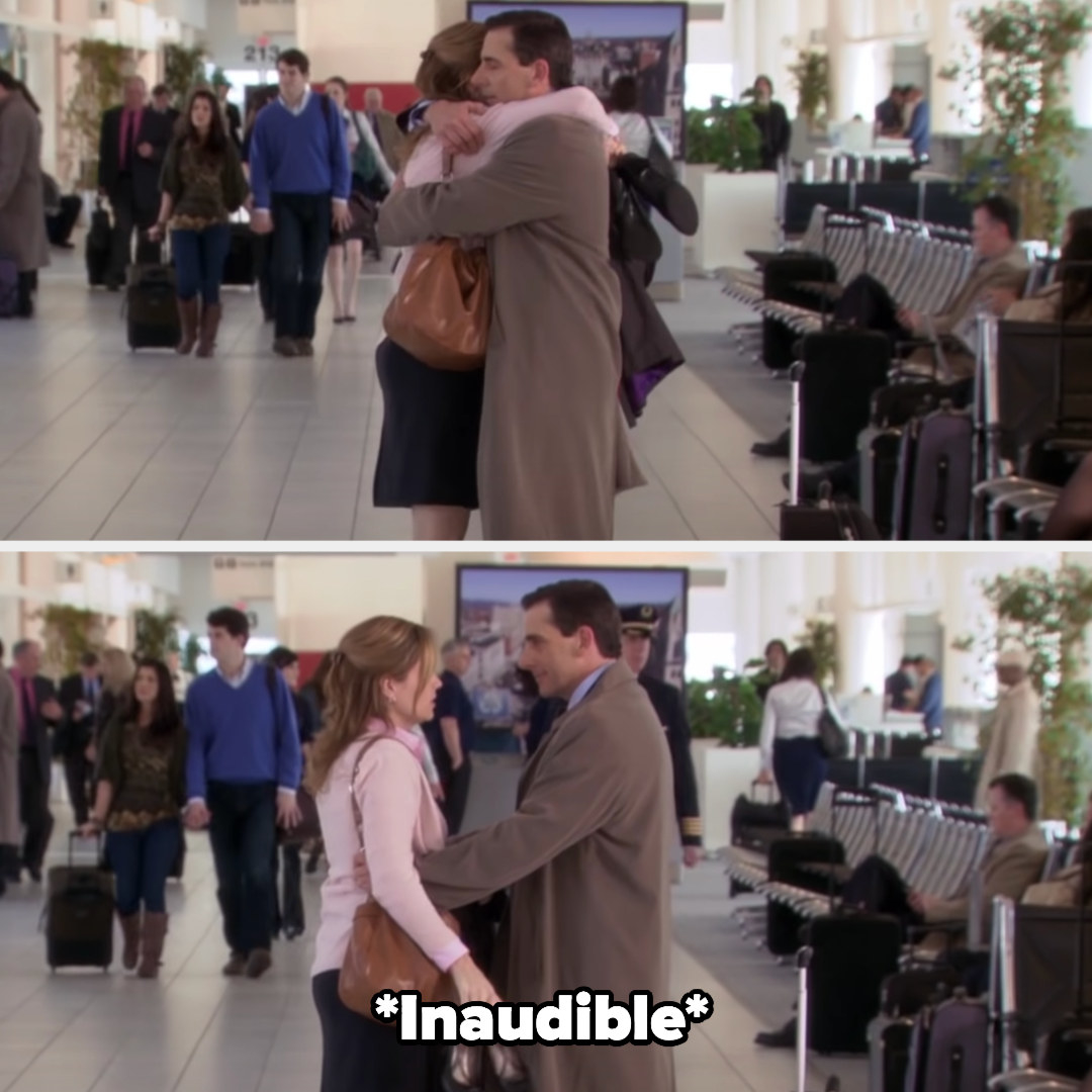 Pam and Michael hugging then talking, but we can&#x27;t hear what they&#x27;re saying