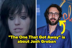 Katy Perry crying in "The one that got away" music video next to a picture of Josh Groban