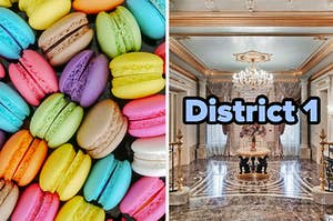 An assortment of different macaroons, the foyer of a mansion
