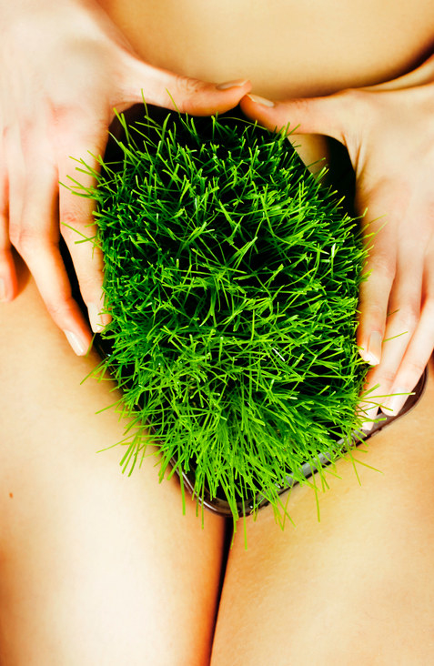 A person with grass over their pubic area
