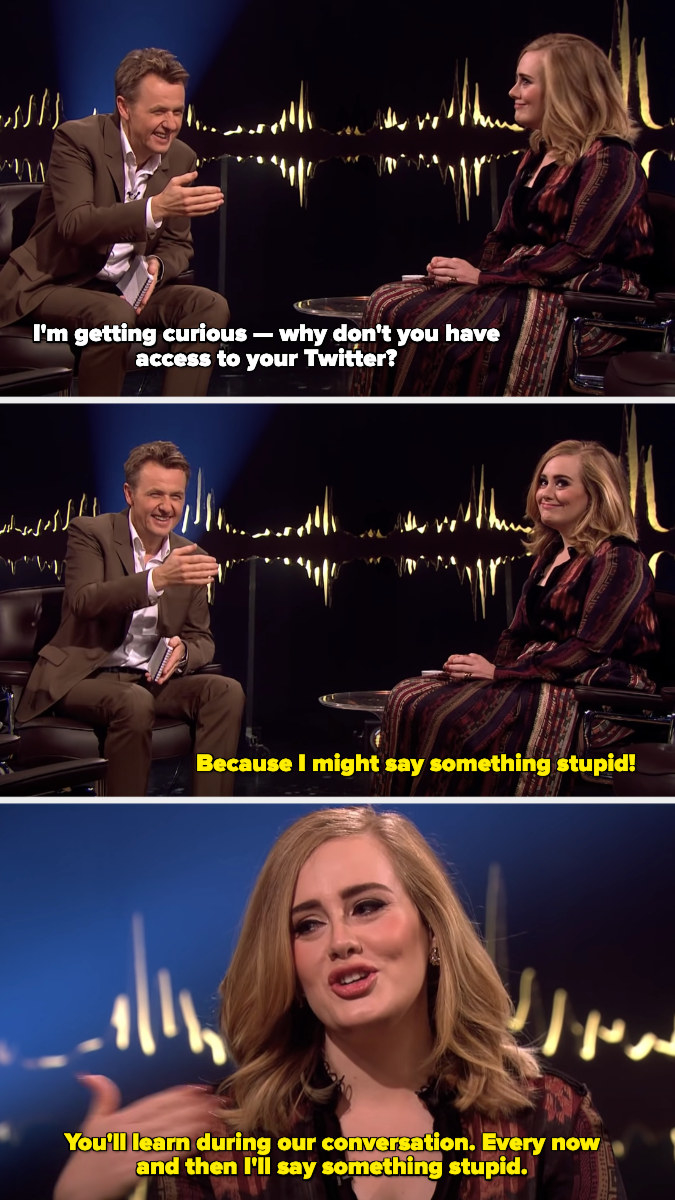 Adele saying she doesn&#x27;t have access to it because she might say something stupid, and that the interviewer will learn during their conversation that she&#x27;ll say something stupid.