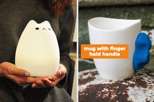 L: cat-shaped silicone night light R: white mug with blue rock climbing finger hold