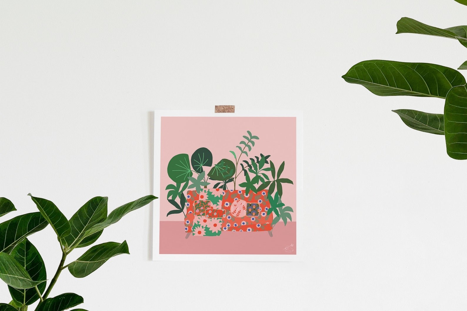 A pink, red, and green print of a plant still life