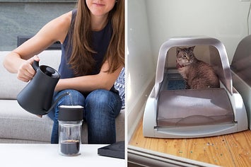 Model pouring from electric kettle on the left and cat sitting in self-cleaning litter box on the right