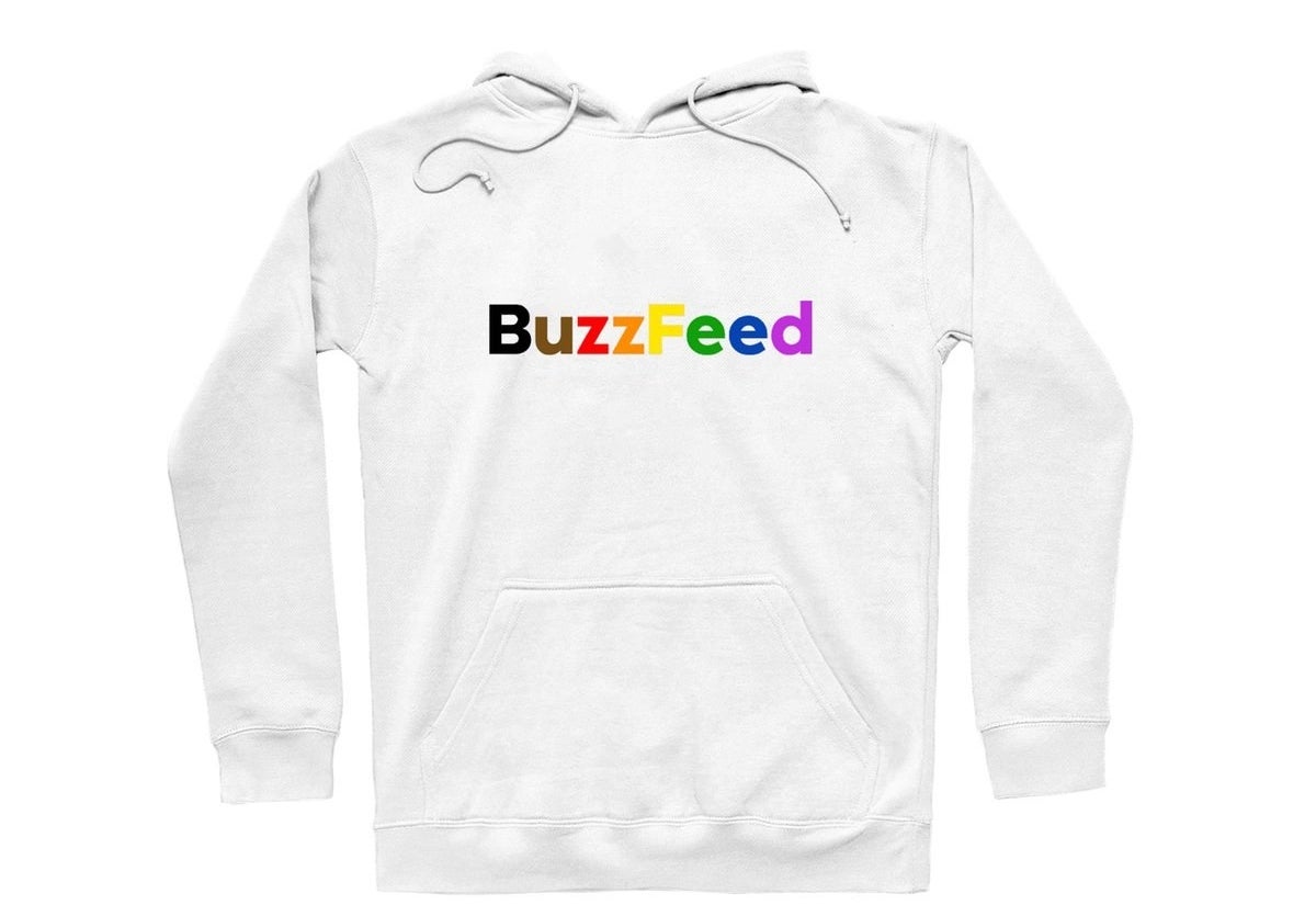 White pullover hoodie with &quot;BuzzFeed&quot; in rainbow colors across the center