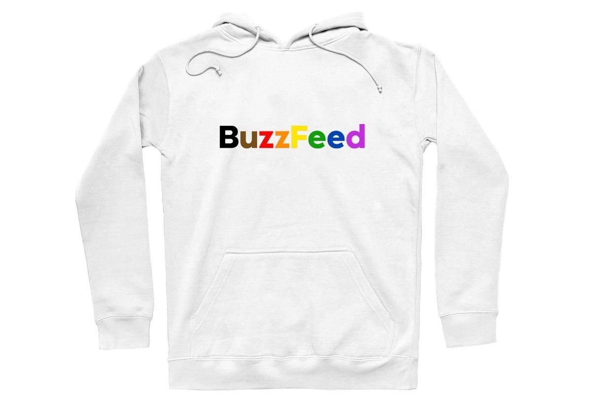 White pullover hoodie with &quot;BuzzFeed&quot; in rainbow colors across the center
