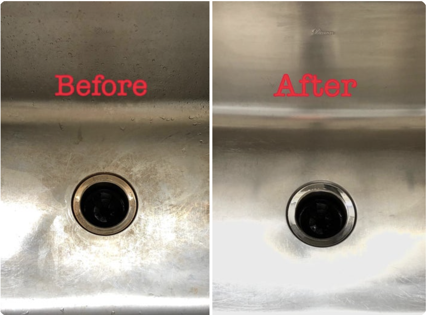 A reviewer&#x27;s stainless steel sink with staining and the word &quot;before&quot; and then the same sink after cleaning looking shiny and new
