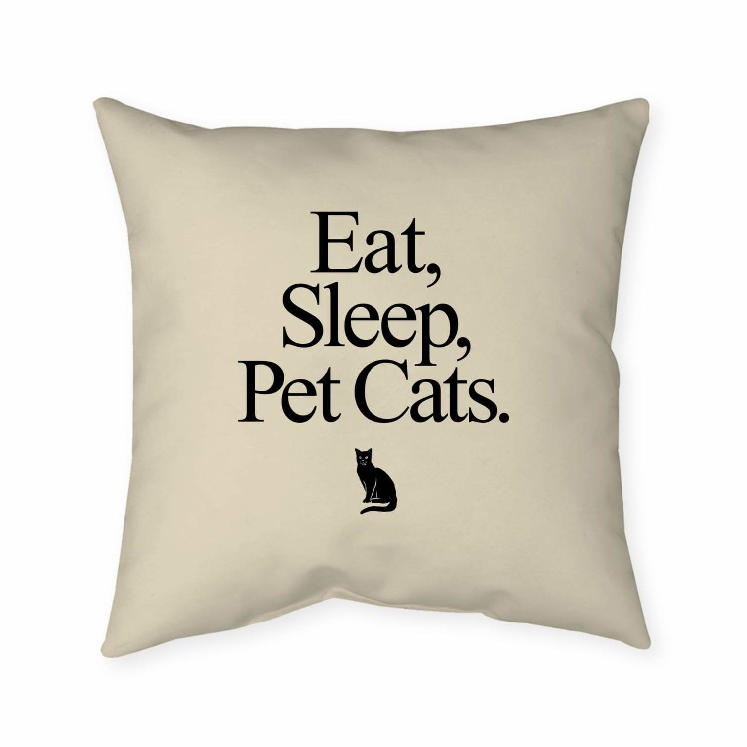 &quot;Eat, Sleep Pet Cats&quot; square pillow with a graphic black cat in the center