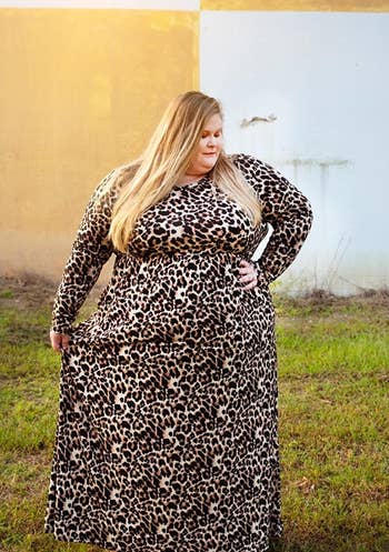 Reviewer wearing the leopard print maxi dress