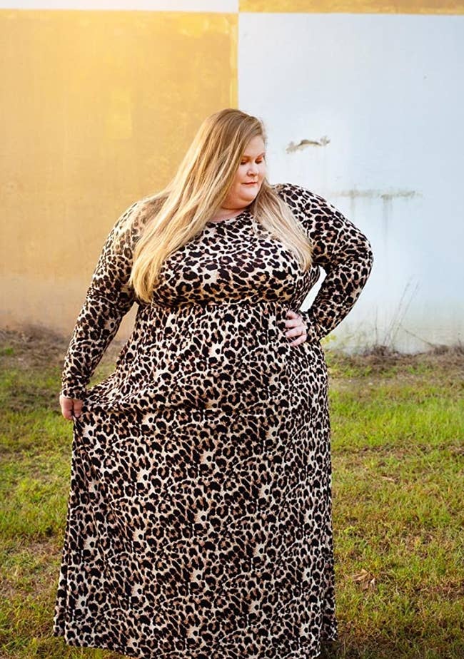 Reviewer wearing the leopard print maxi dress
