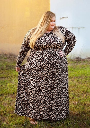 Reviewer wearing the leopard print maxi dress