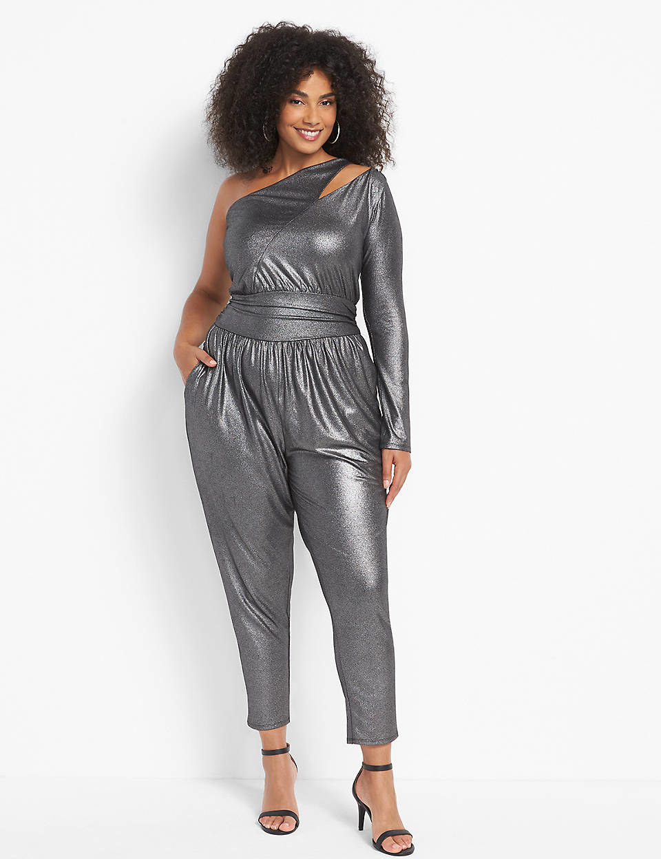 model wearing the one shoulder jumpsuit in silver