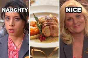 A close up of April Ludgate as she's mid sentence, a bacon wrapped chicken sits on a plate, and a close up of Leslie Knope as she smiles