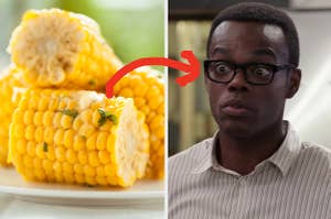 Cobbed corn cut in half and a close up of Chidi Anagonye looking shocked
