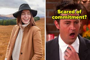 A smiling woman stands in a field wearing a turtleneck under a peacoat and a close up of Chandler Bing with his mouth open in shock