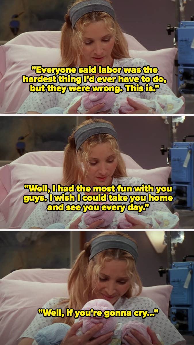 Phoebe telling the infant triplets this is the hardest thing she&#x27;s ever had to do and saying she wishes she could take them home, then crying