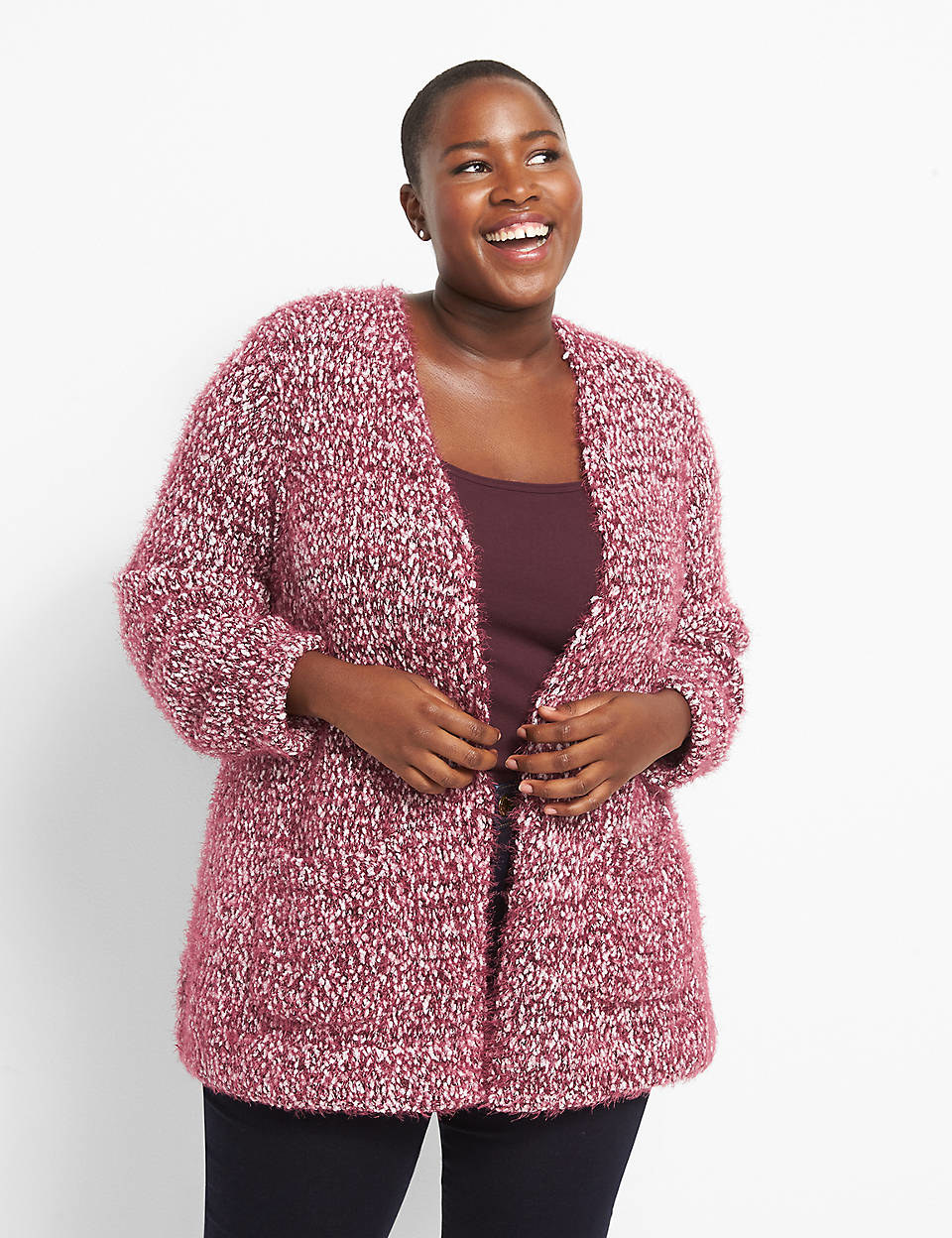 model wearing the cardigan in pink and white
