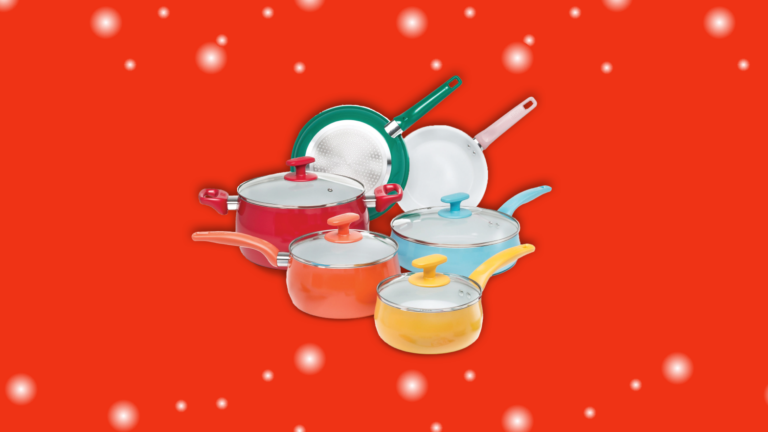 Cookware in many colors on a red background.
