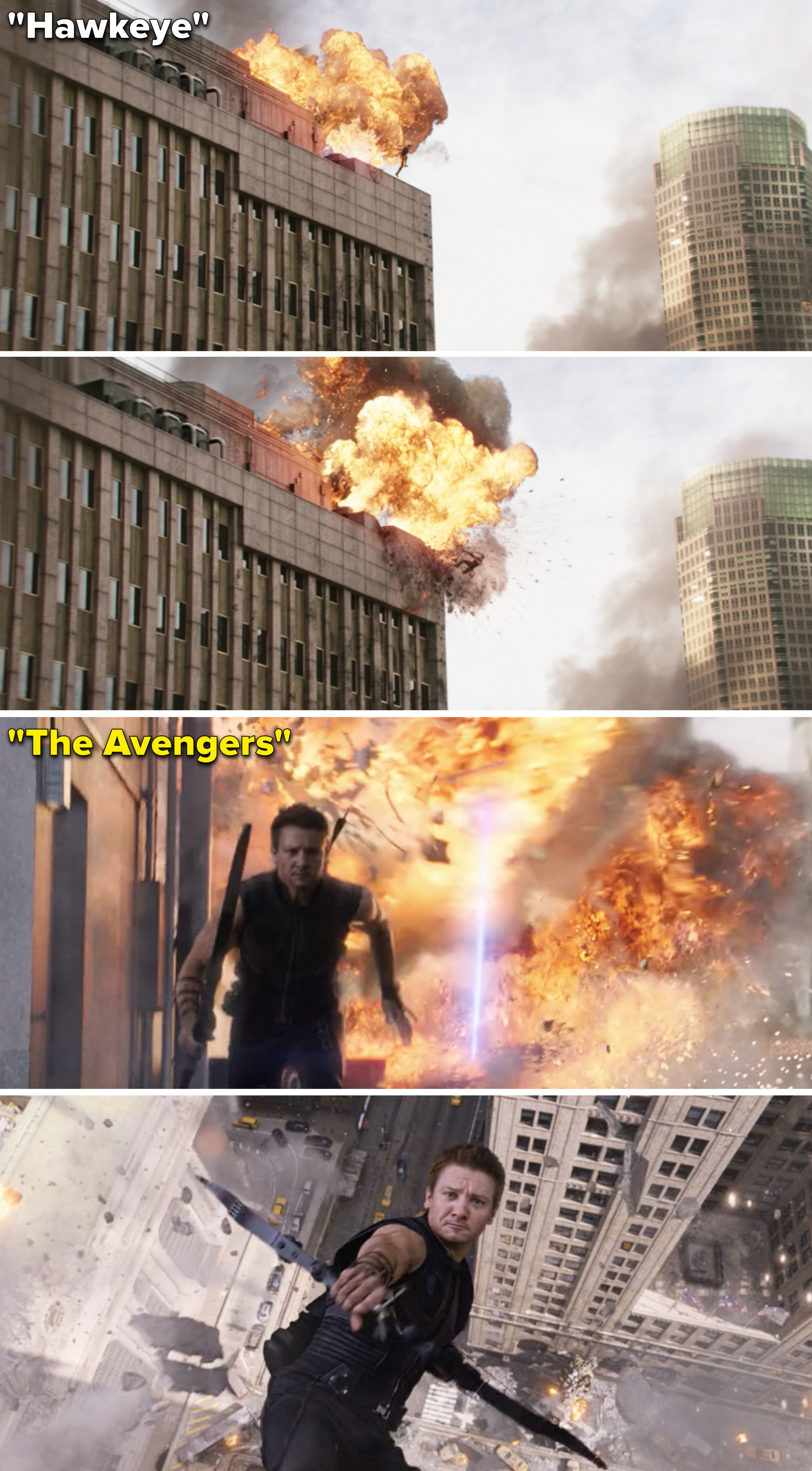 Side by sides of a building blowing up vs. close ups of Hawkeye jumping off the building
