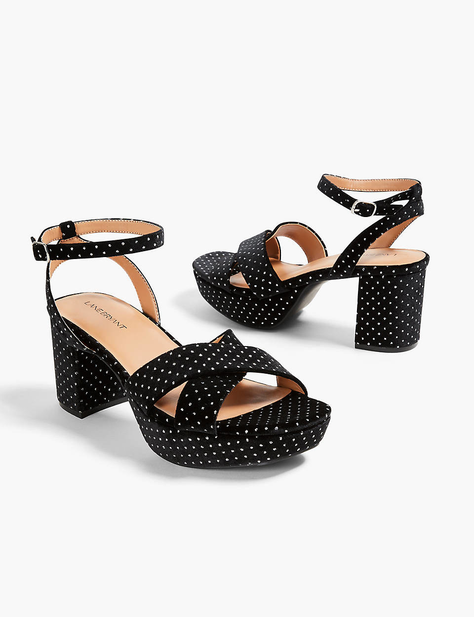 the block heel sandals in black velvet with metallic dots