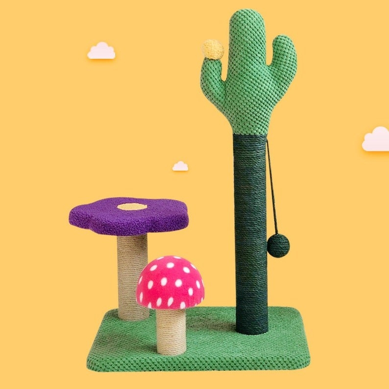 Colorful cat tree with flower, mushroom, and cactus stands