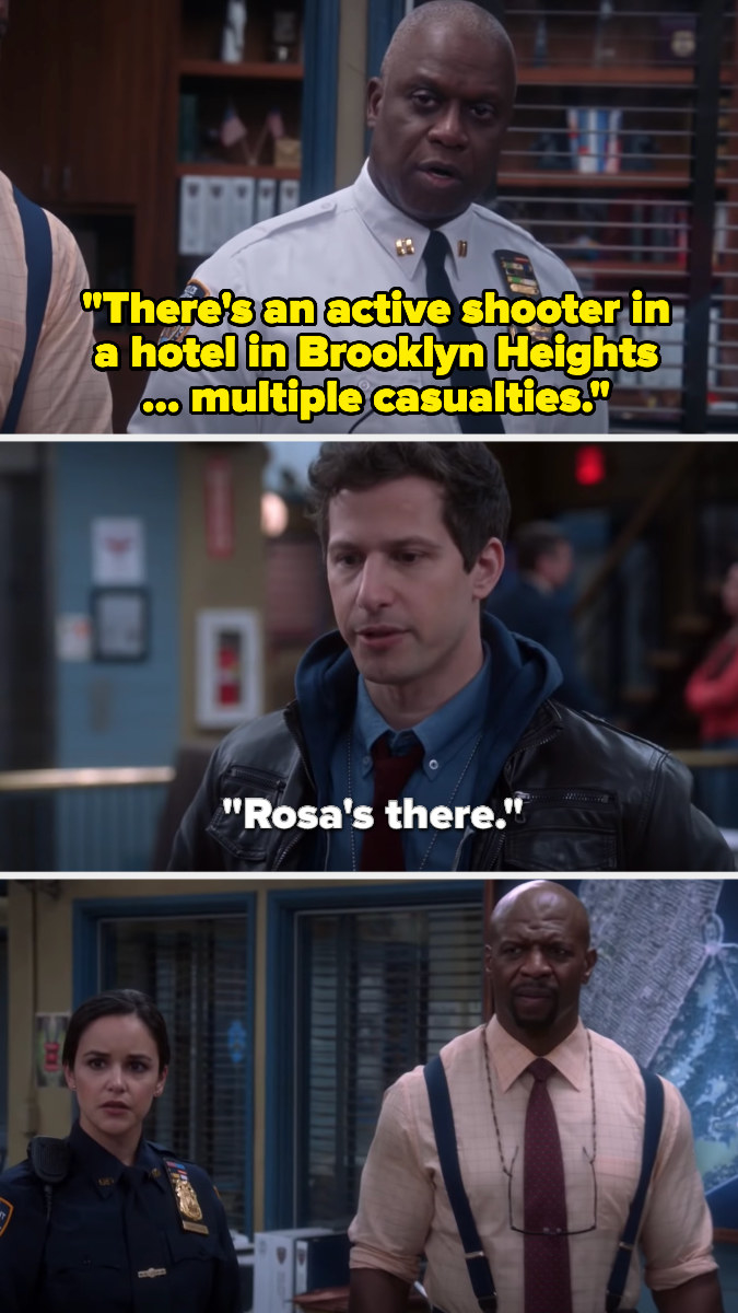 Holt tells everyone that there&#x27;s an active shooter situation with multiple casualties and Jake says that Rosa&#x27;s there