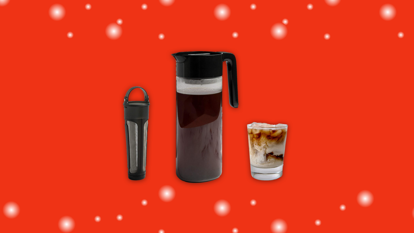 Filter, coffee maker, and cup on a red background.
