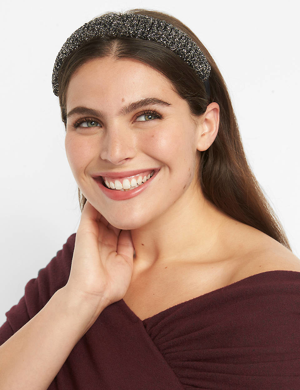 model wearing the black and white embellished headband