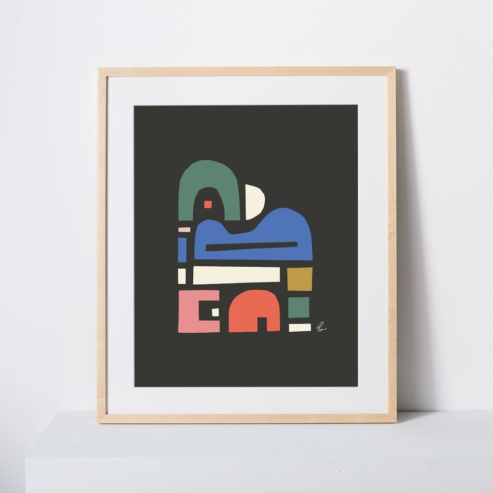 an abstract print with a black background and colorful geometric shapes
