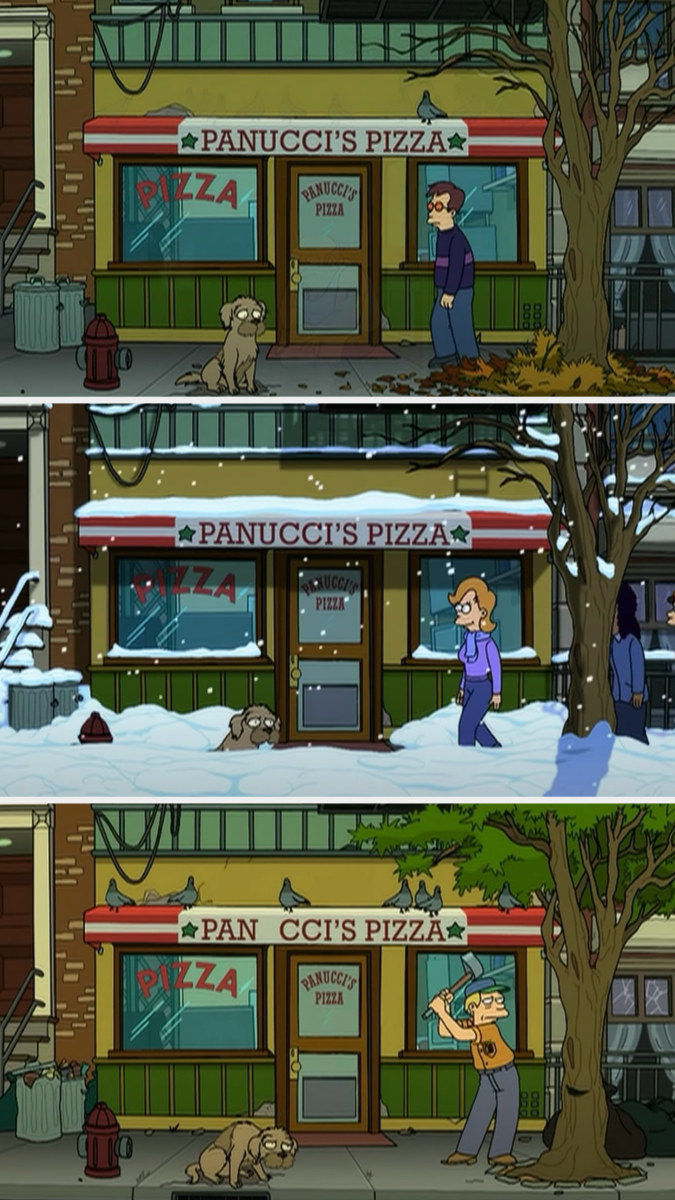 Fry&#x27;s dog growing older as he waits by the pizza shop