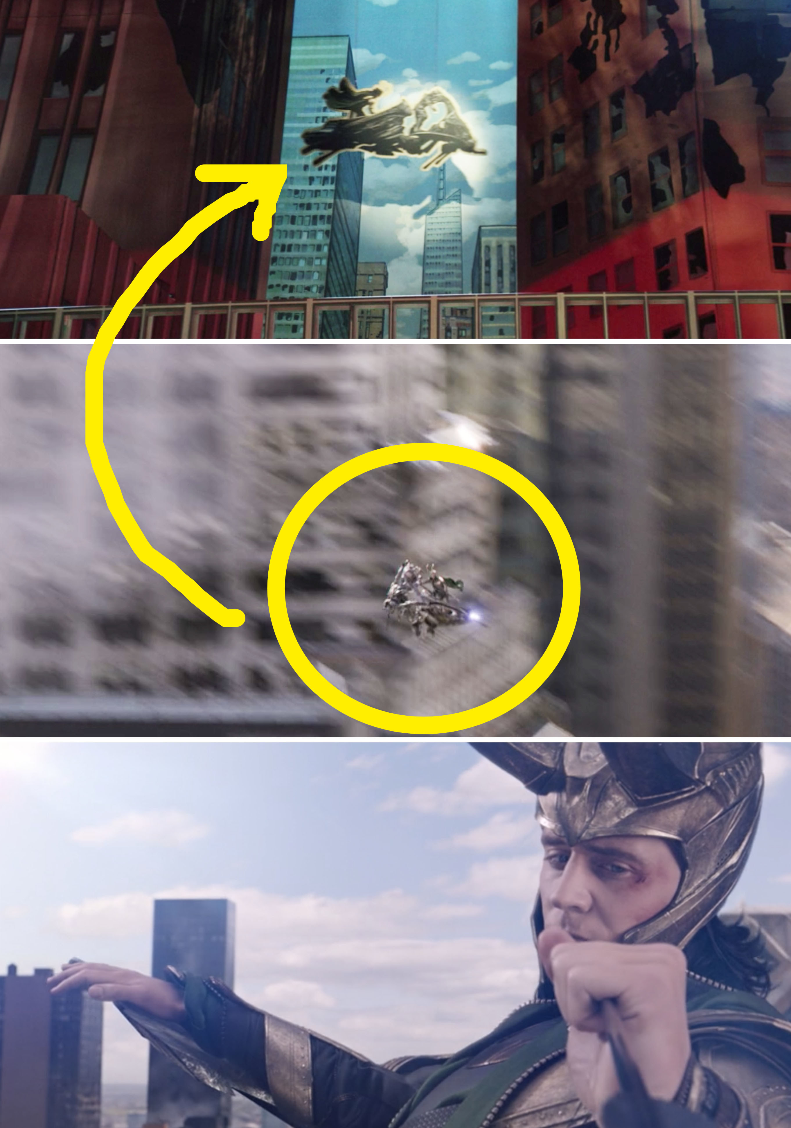 A cardboard cutout of Loki flying vs Loki flying in The Avengers
